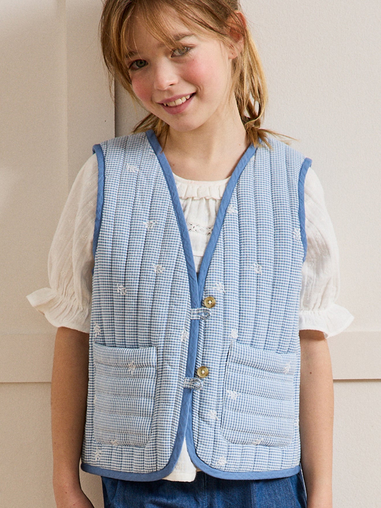 Veste matelassée Fille sans manches - vichy brodé