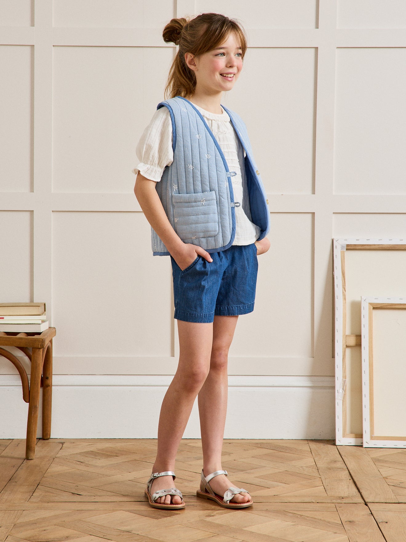 Veste matelassée Fille sans manches - vichy brodé