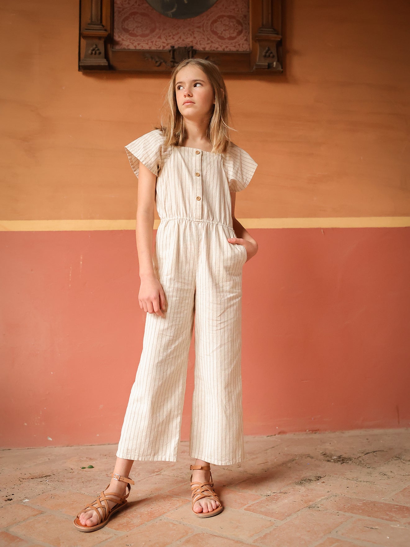 Combinaison rayée Fille en coton et lin