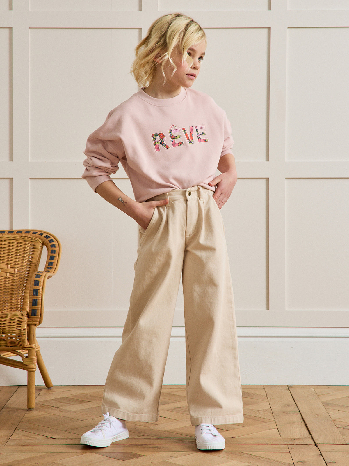 Mädchen-Sweatshirt mit Schriftzug aus Liberty®-Stoff – Bio-Baumwolle