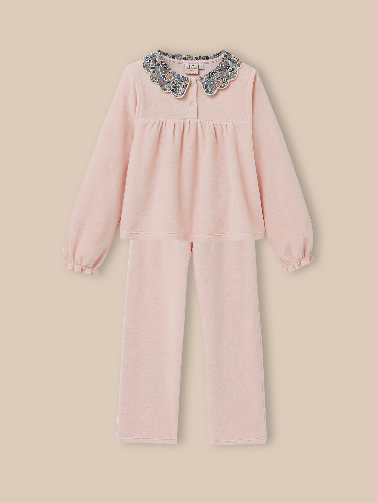 Mädchenpyjama aus Velours mit Kragen aus Liberty®-Stoff