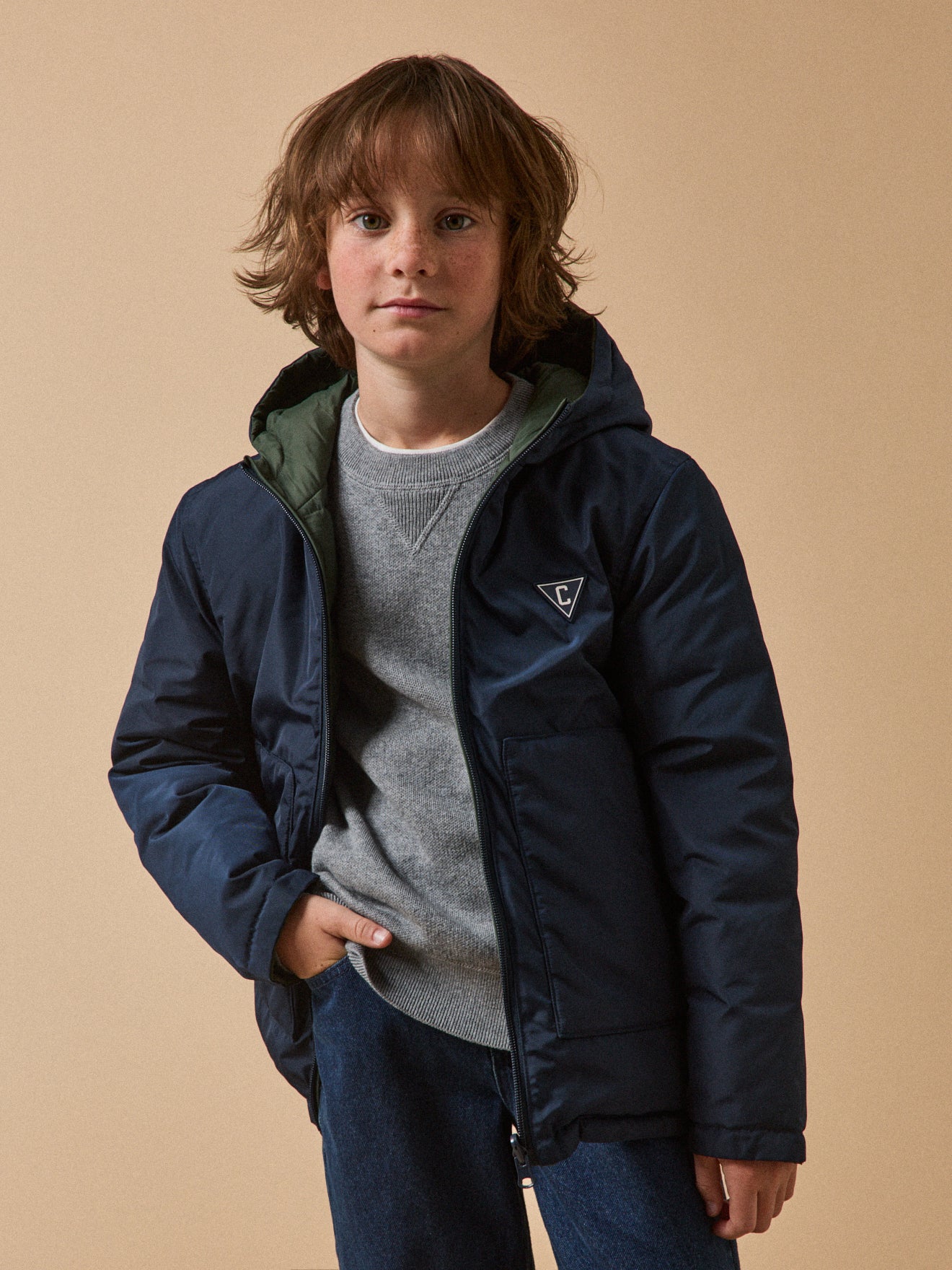 Jungen-Daunenjacke mit Federn und Daunen, wendbar