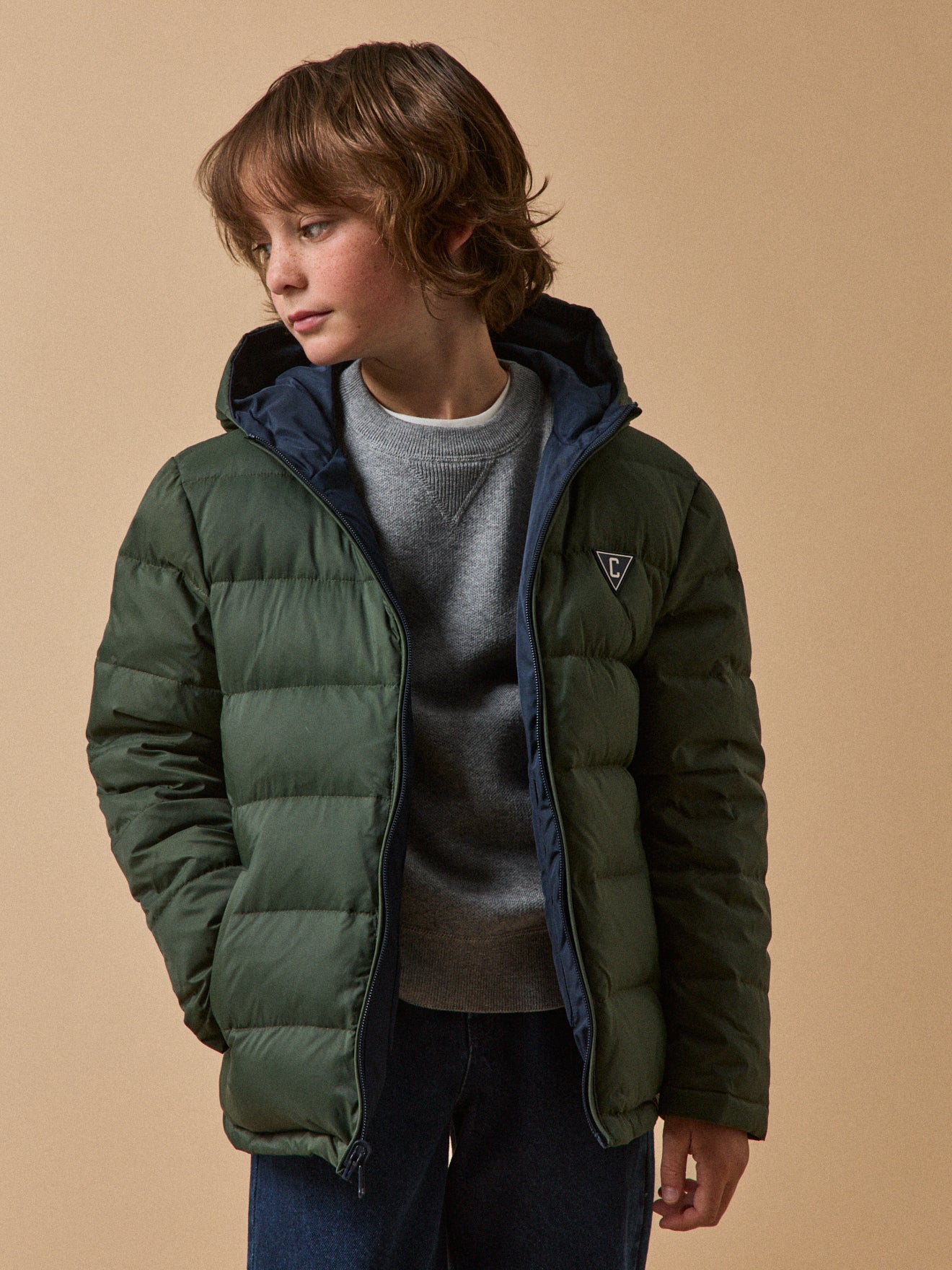 Jungen-Daunenjacke mit Federn und Daunen, wendbar