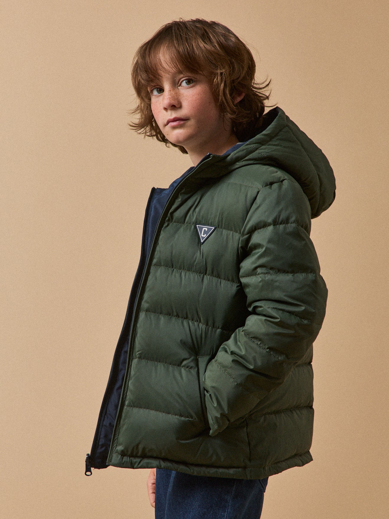 Jungen-Daunenjacke mit Federn und Daunen, wendbar