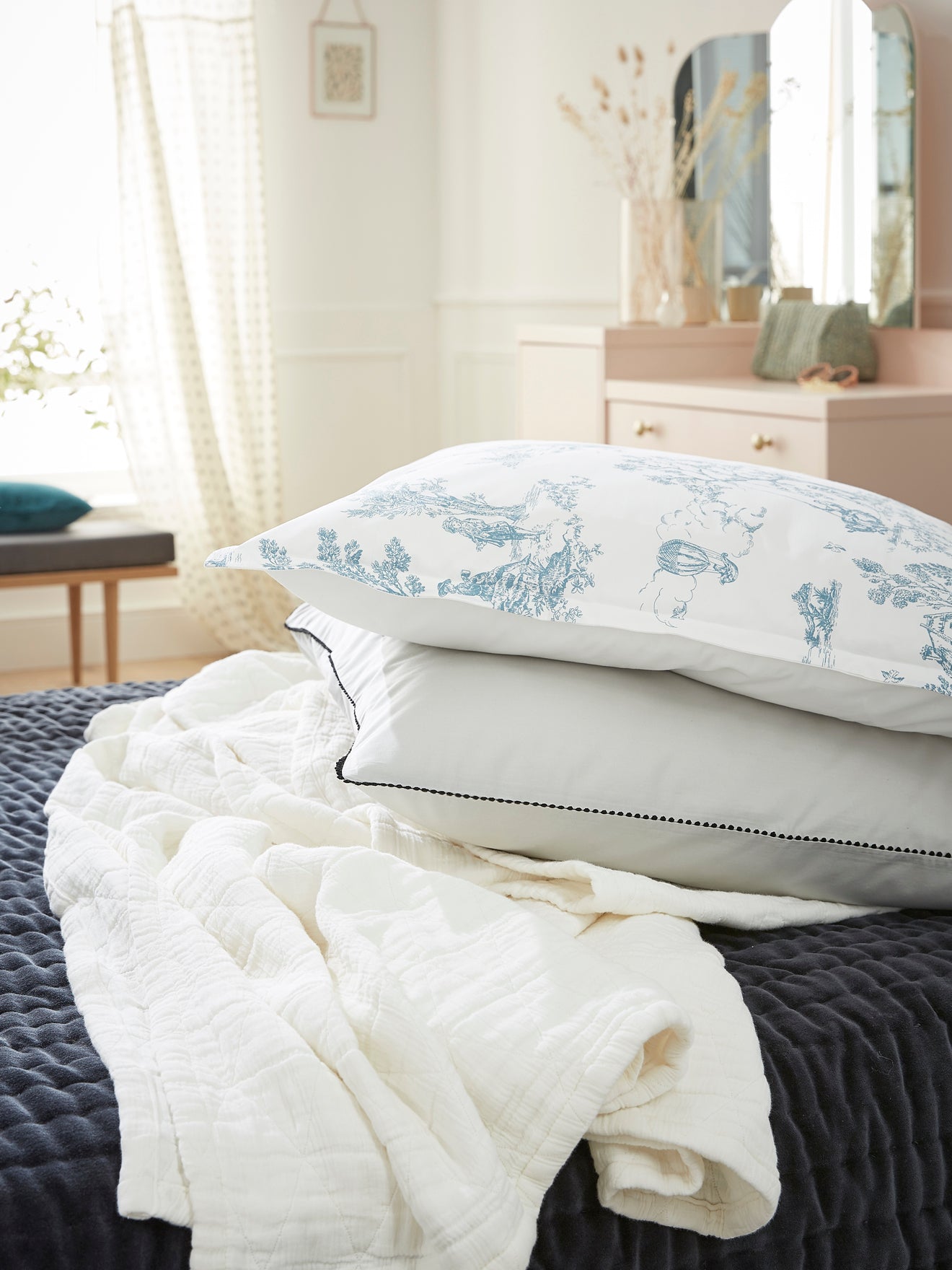 Taie d'oreiller percale de coton "Esprit Toile de Jouy"